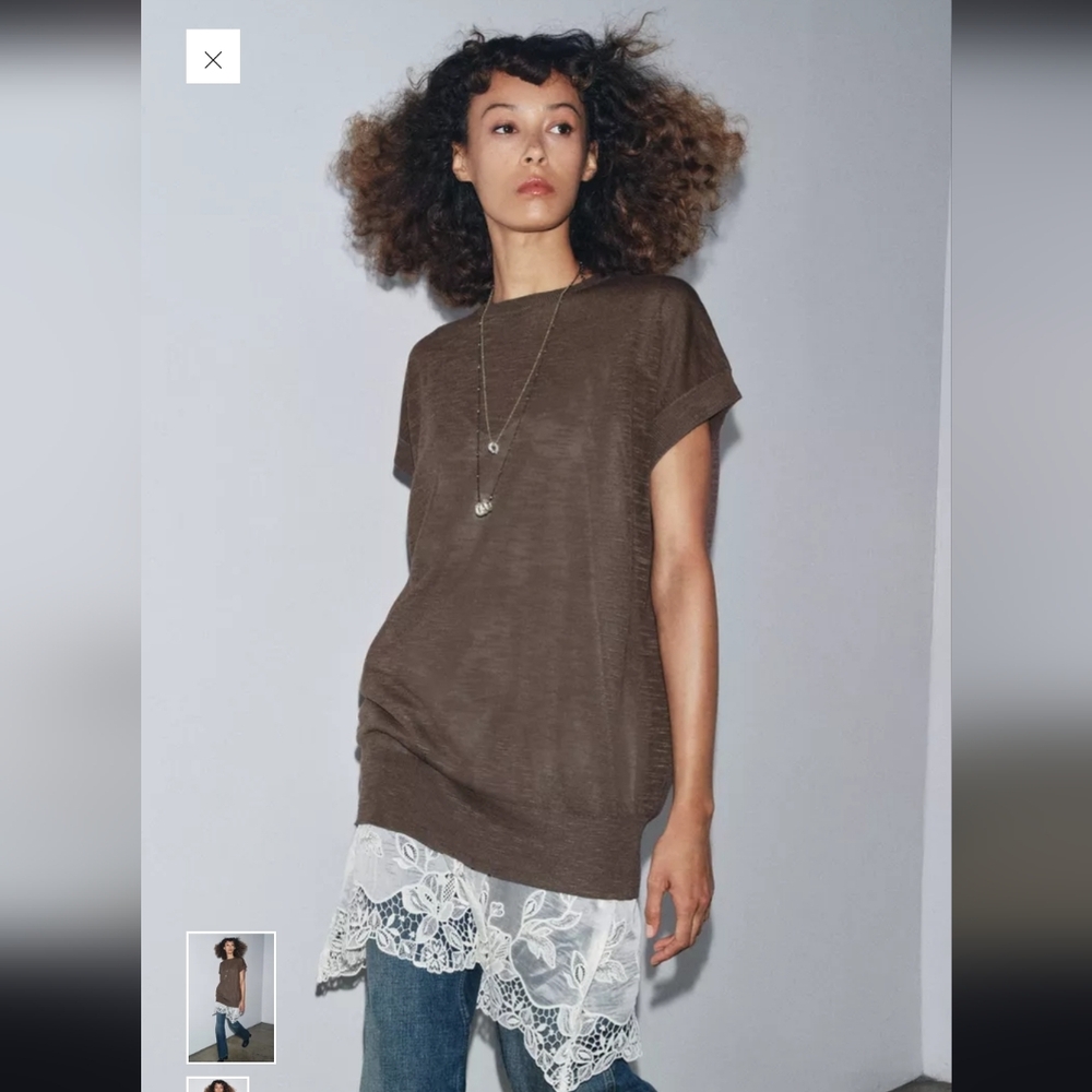 Zara Brown Tunic Dress with Lace Hem